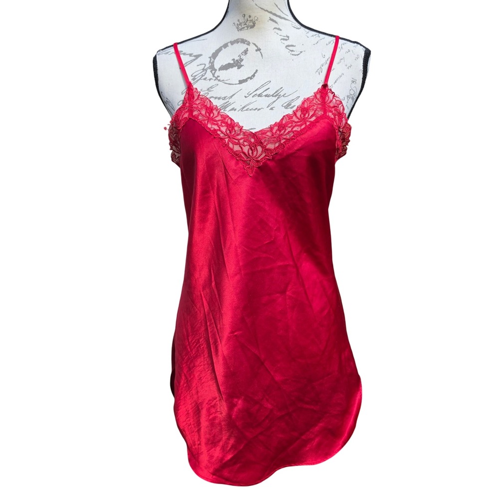 Victoria's Secret Gold Label Vintage Red Satin Lace Trim Chemise Slip Dress S